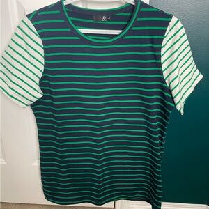 Ladies Ampersand Ave Cotton Green Stripe T Shirt Size L